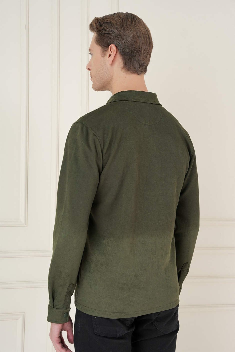 Slim Fit Yan Cep Degrade Desenli Çıtçıtlı Pamuklu Haki Gömlek Ceket G 1578