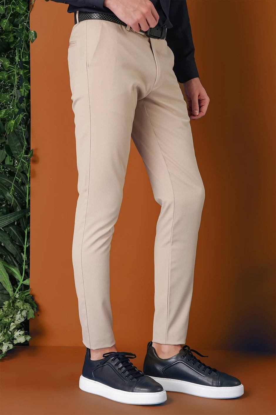 Slim Fit Yan Cep Esnek Pamuk Casual Bej Pantolon P 1147