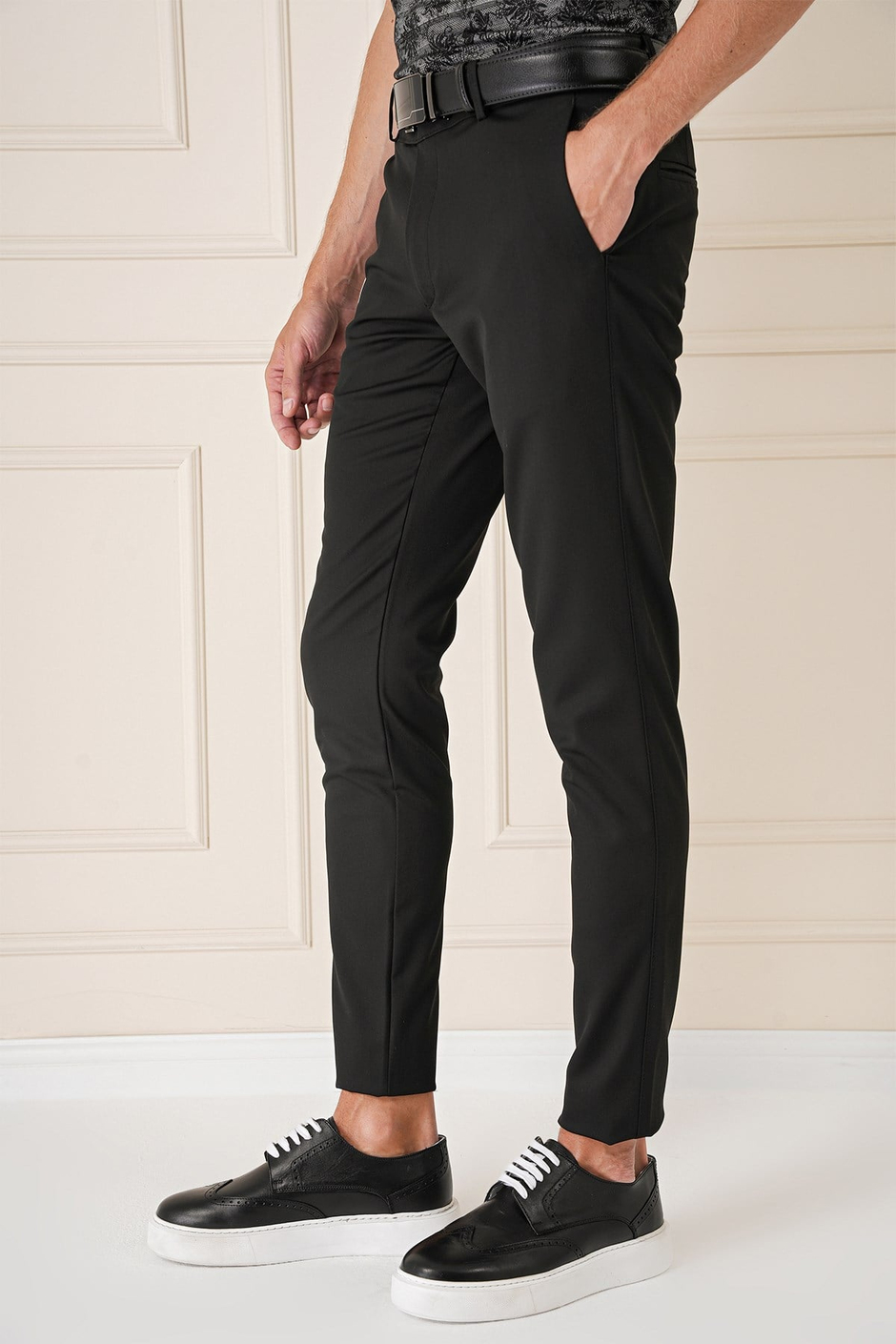 Slim Fit Yan Cep Esnek Pamuk Casual Siyah Pantolon P 1147
