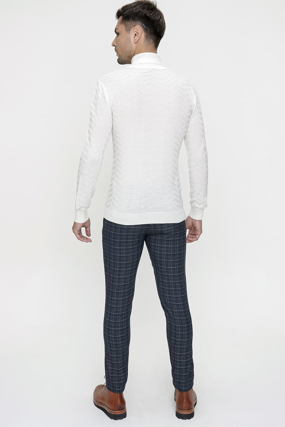 Slim Fit Yan Cep Esnek Pamuk Kareli Dokuma Lacivert Pantolon P 1082