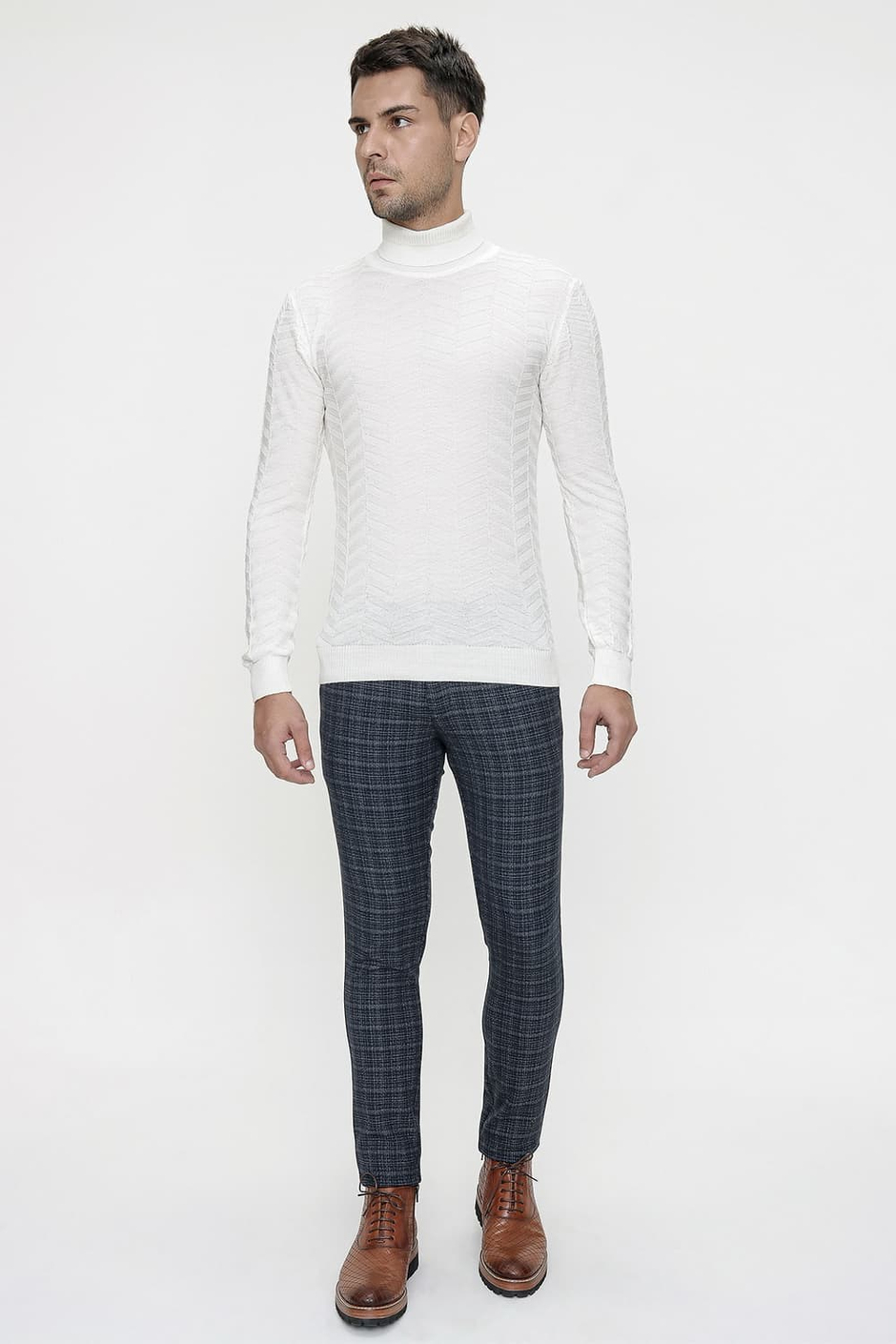 Slim Fit Yan Cep Esnek Pamuk Kareli Dokuma Lacivert Pantolon P 1082