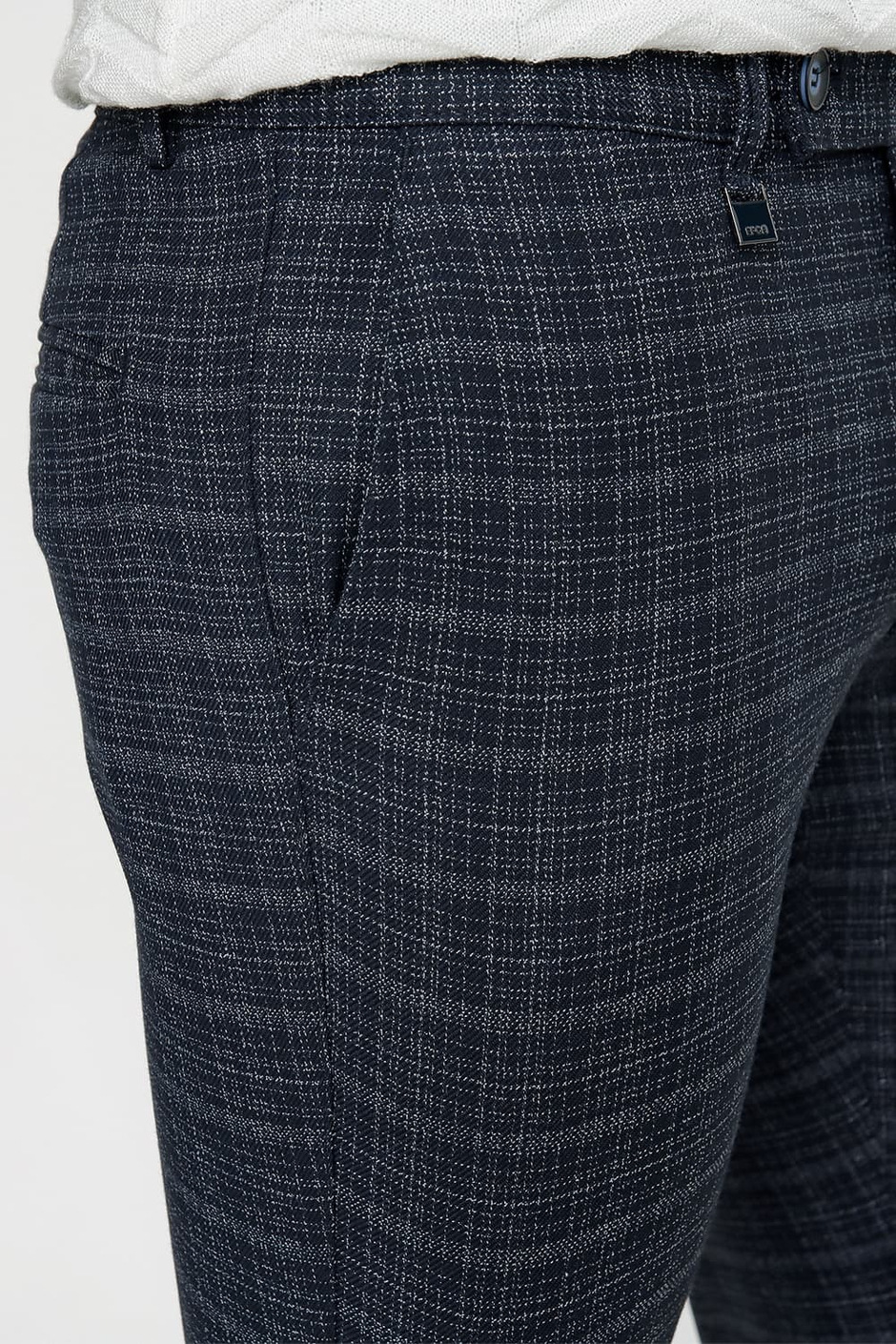 Slim Fit Yan Cep Esnek Pamuk Kareli Dokuma Lacivert Pantolon P 1082