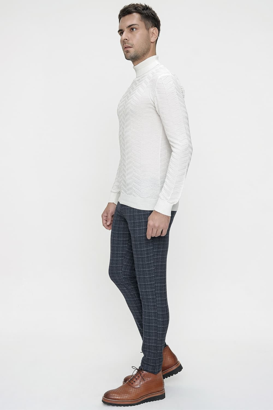 Slim Fit Yan Cep Esnek Pamuk Kareli Dokuma Lacivert Pantolon P 1082