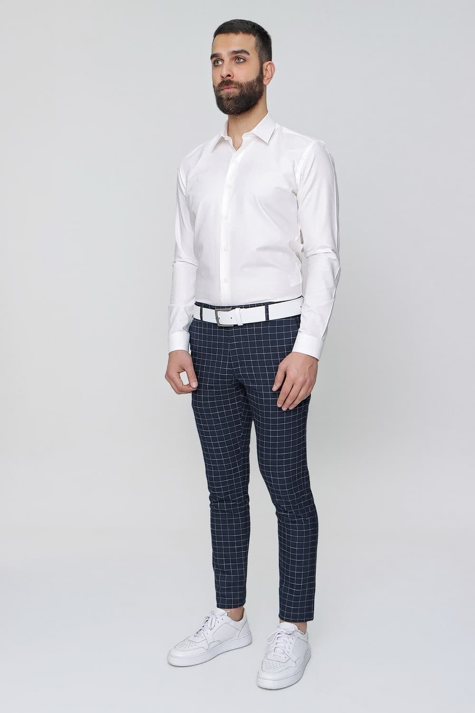 Slim Fit Yan Cep Esnek Pamuk Kareli Lacivert Pantolon P 1083