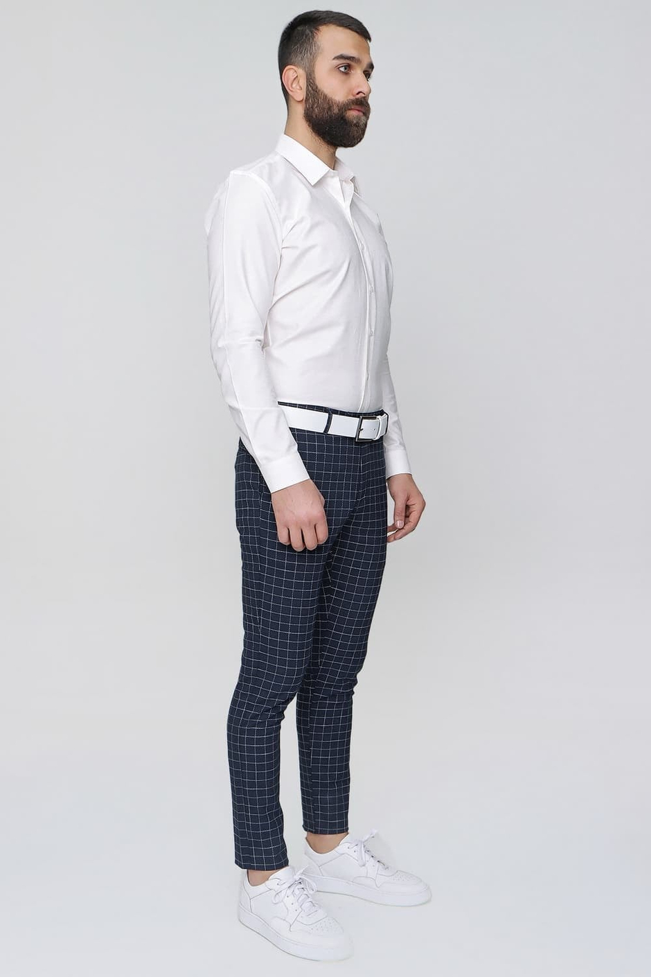 Slim Fit Yan Cep Esnek Pamuk Kareli Lacivert Pantolon P 1083