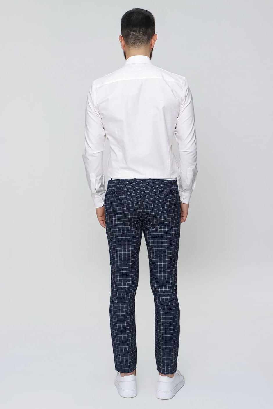 Slim Fit Yan Cep Esnek Pamuk Kareli Lacivert Pantolon P 1083