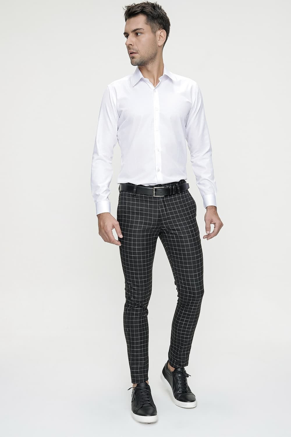 Slim Fit Yan Cep Esnek Pamuk Kareli Siyah Pantolon P 1083