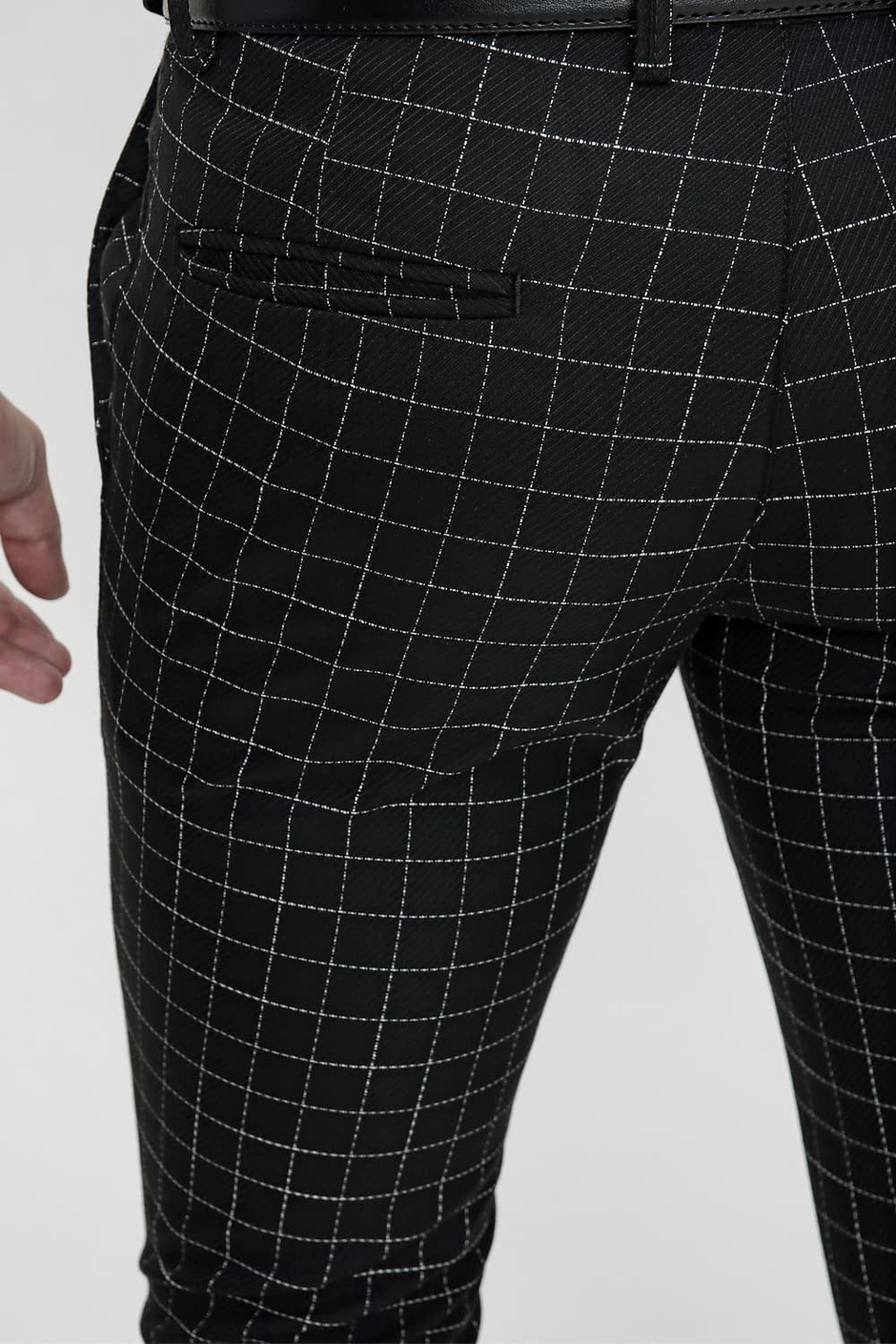 Slim Fit Yan Cep Esnek Pamuk Kareli Siyah Pantolon P 1083