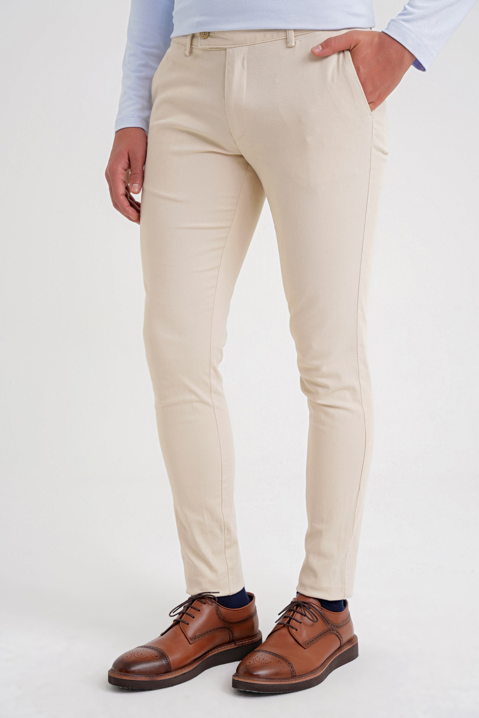 Slim Fit Yan Cep Esnek Pamuklu Bej Kanvas Pantolon P 1124
