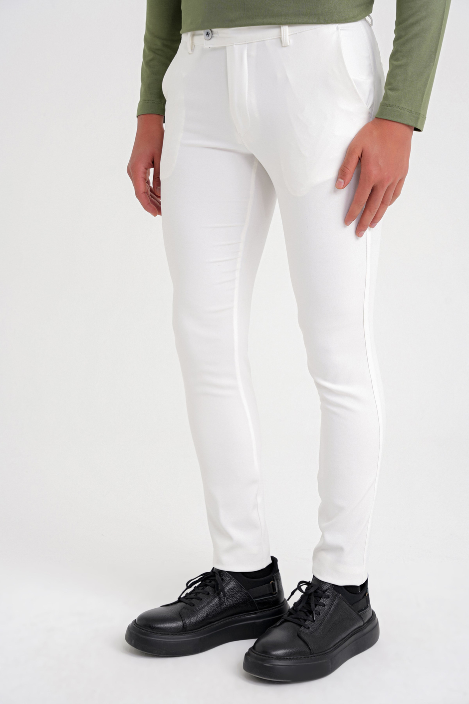 Slim Fit Yan Cep Esnek Pamuklu Beyaz Chino Pantolon P 1088