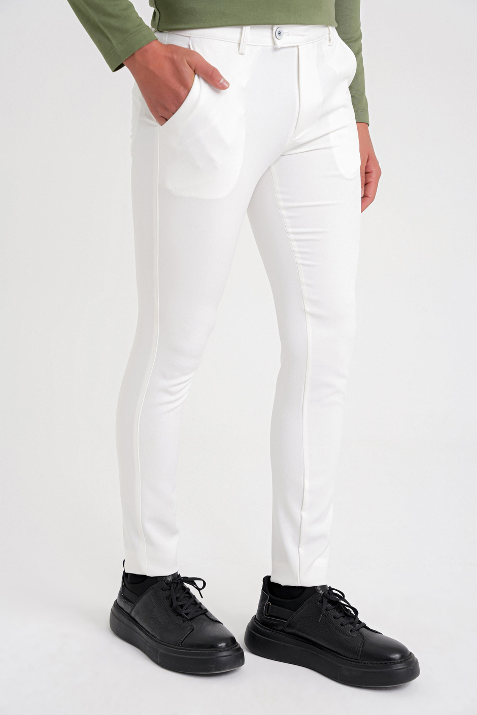 Slim Fit Yan Cep Esnek Pamuklu Beyaz Chino Pantolon P 1088