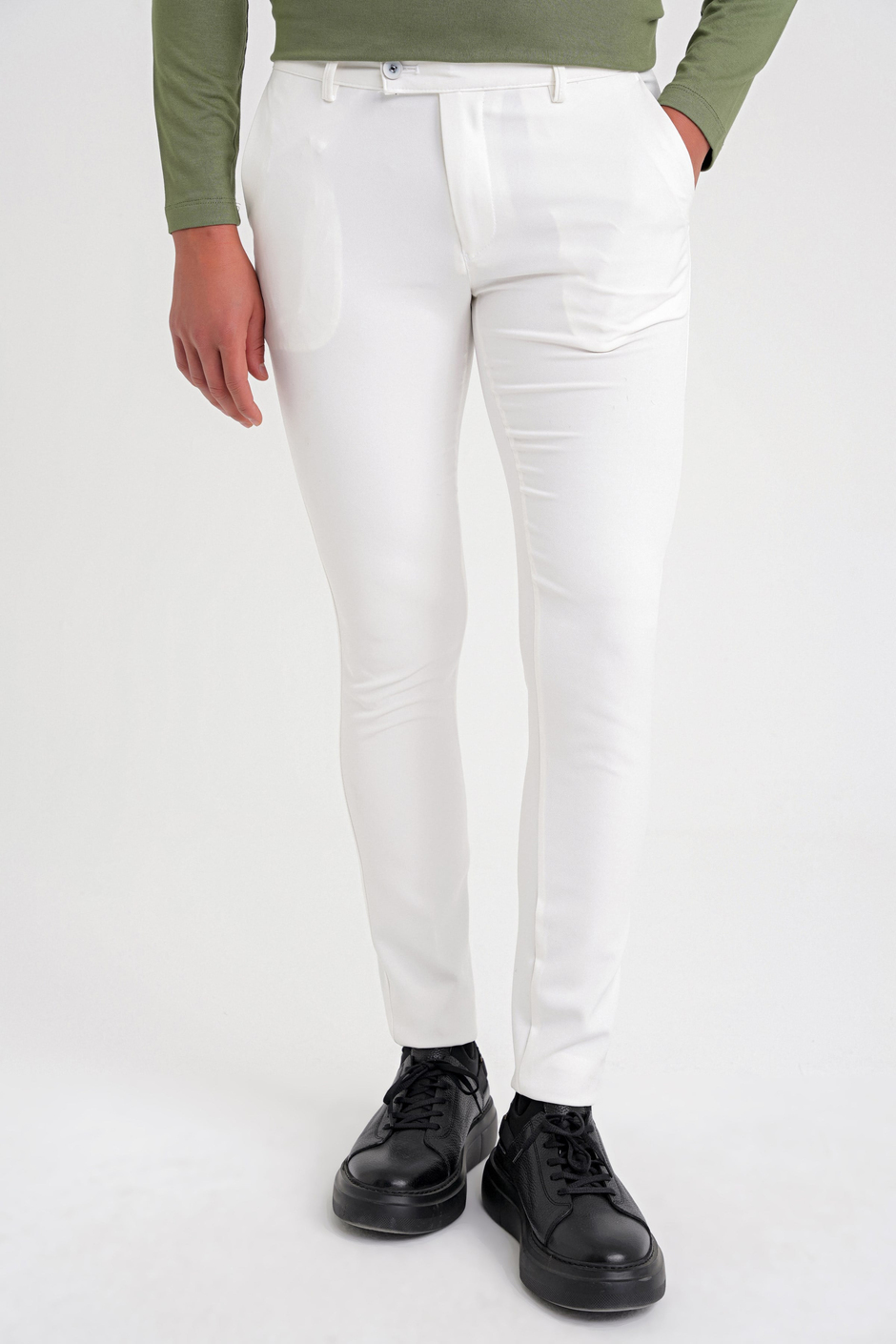 Slim Fit Yan Cep Esnek Pamuklu Beyaz Chino Pantolon P 1088