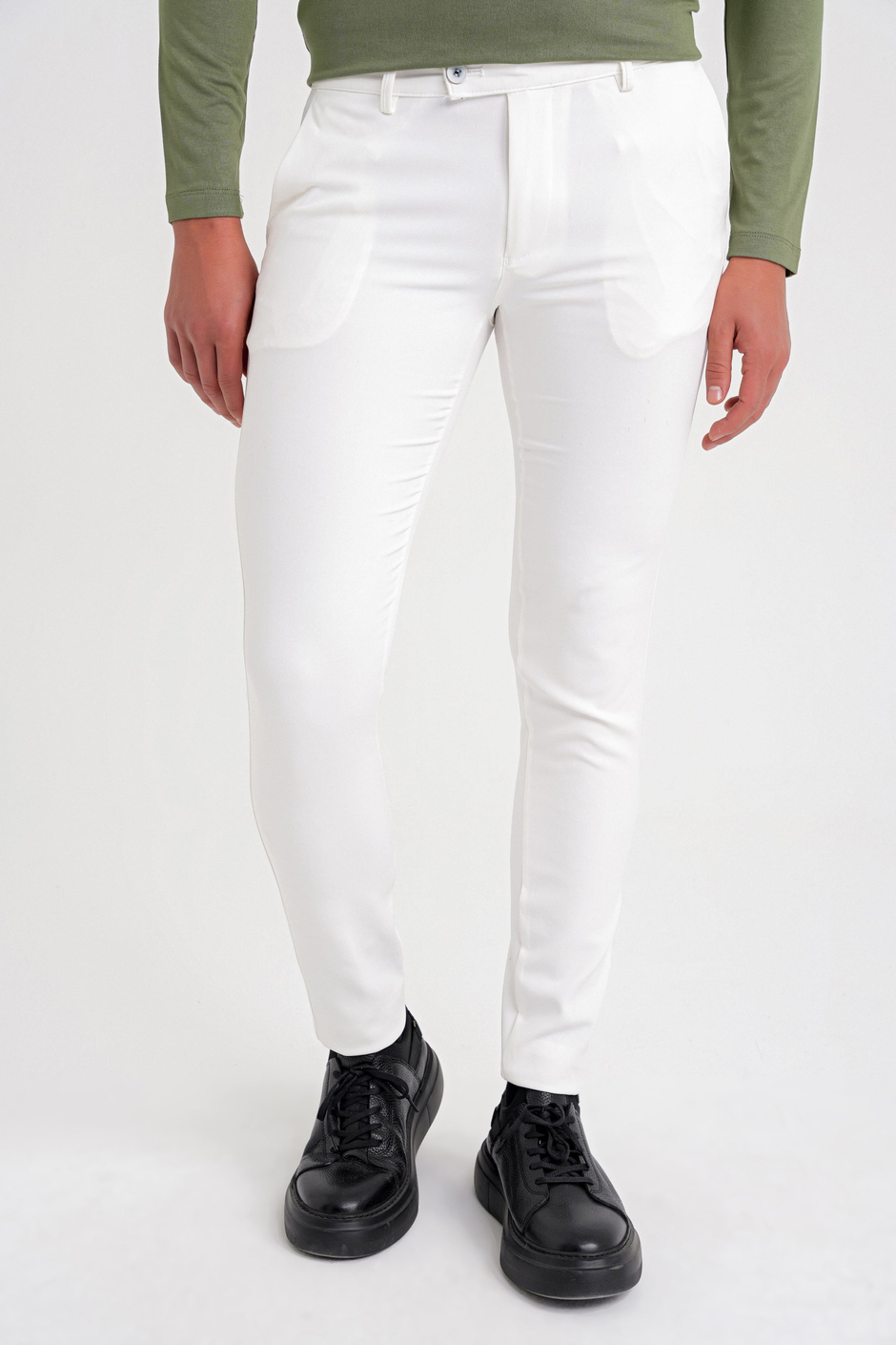 Slim Fit Yan Cep Esnek Pamuklu Beyaz Chino Pantolon P 1088
