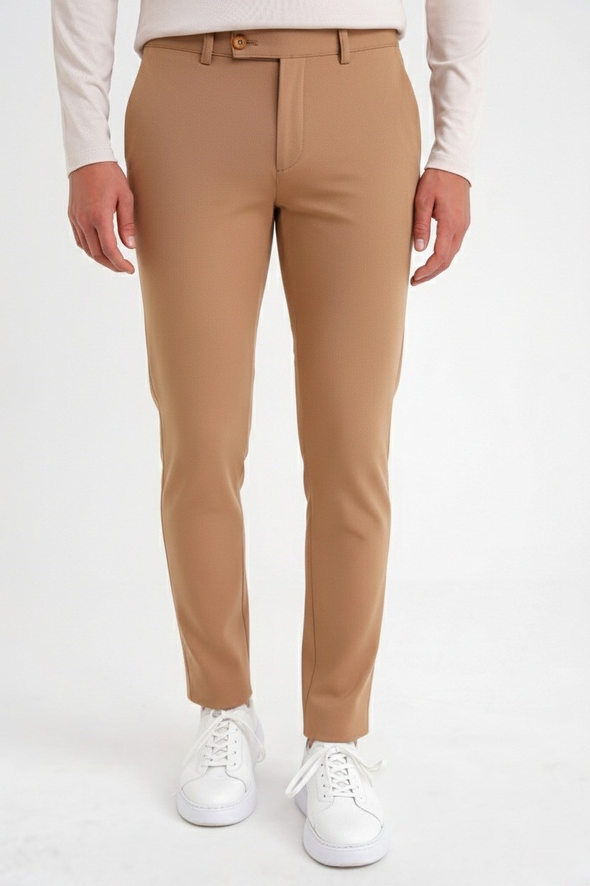 Slim Fit Yan Cep Esnek Pamuklu Camel Chino Pantolon P 1088