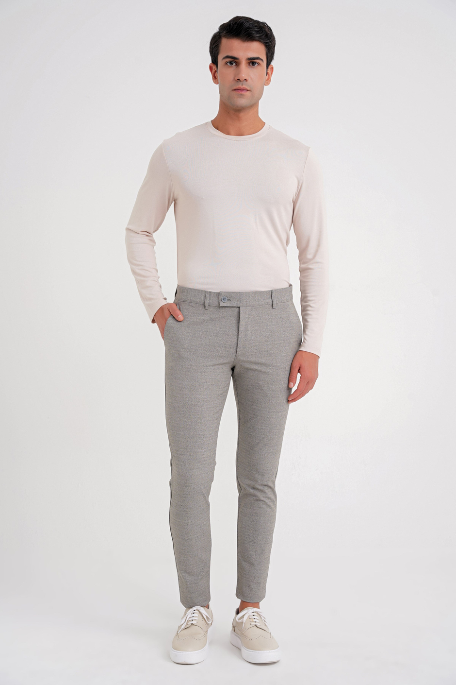 Slim Fit Yan Cep Esnek Pamuklu Dokulu Bej Pantolon P 1086