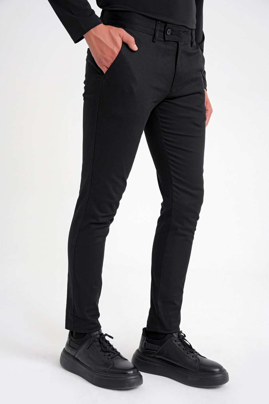 Slim Fit Yan Cep Esnek Pamuklu Siyah Kanvas Pantolon P 1124
