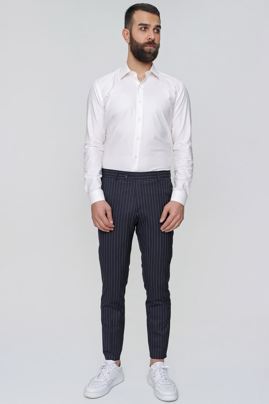 Slim Fit Yan Cep Esnek Yünlü Çizgili Lacivert Kumaş Pantolon P 1081