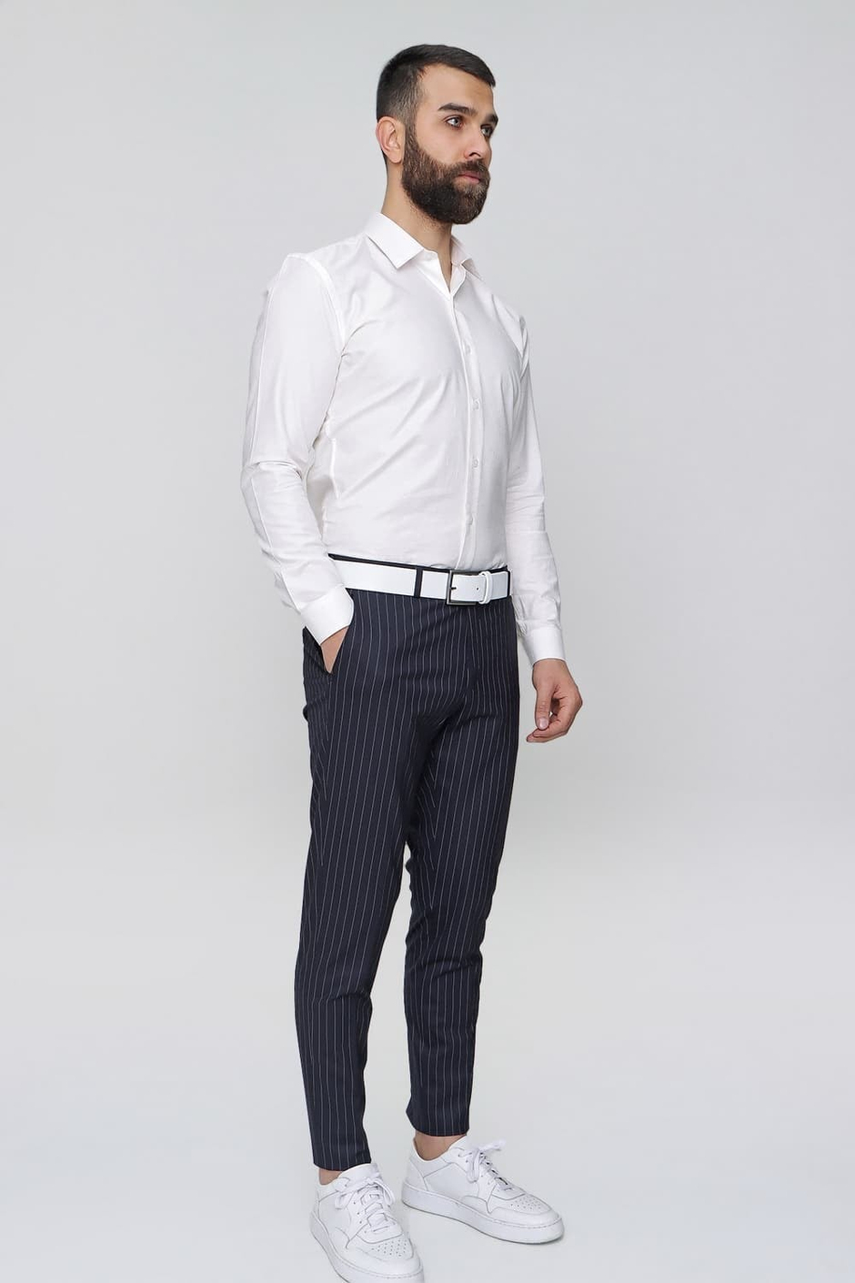 Slim Fit Yan Cep Esnek Yünlü Çizgili Lacivert Kumaş Pantolon P 1081