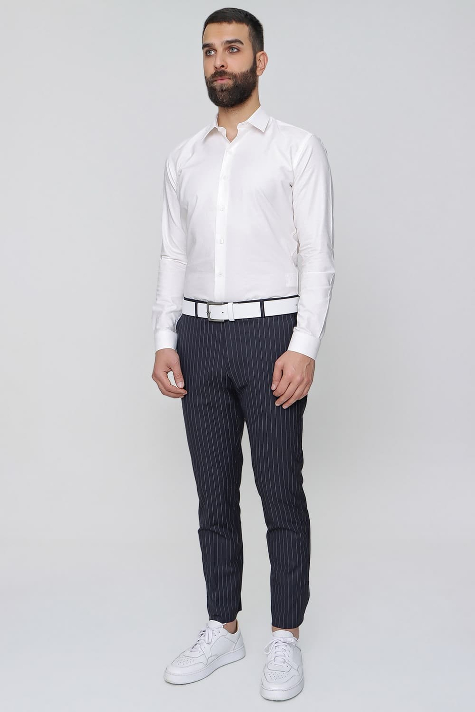 Slim Fit Yan Cep Esnek Yünlü Çizgili Lacivert Kumaş Pantolon P 1081