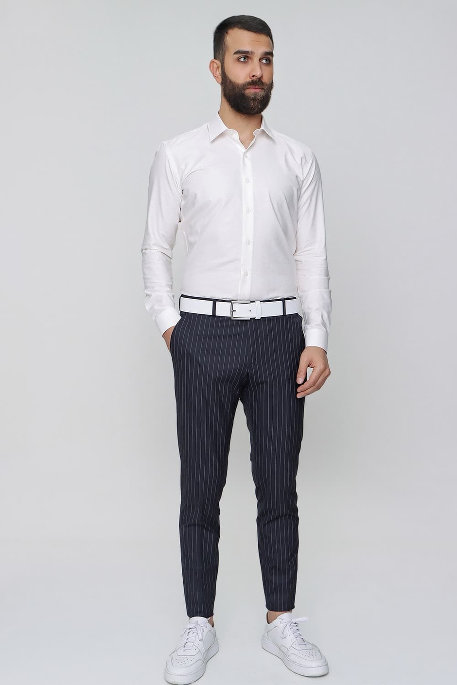 Slim Fit Yan Cep Esnek Yünlü Çizgili Lacivert Kumaş Pantolon P 1081