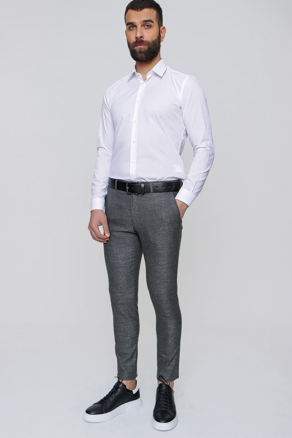 Slim Fit Yan Cep Esnek Yünlü Kırçıllı Siyah Pantolon P 1090