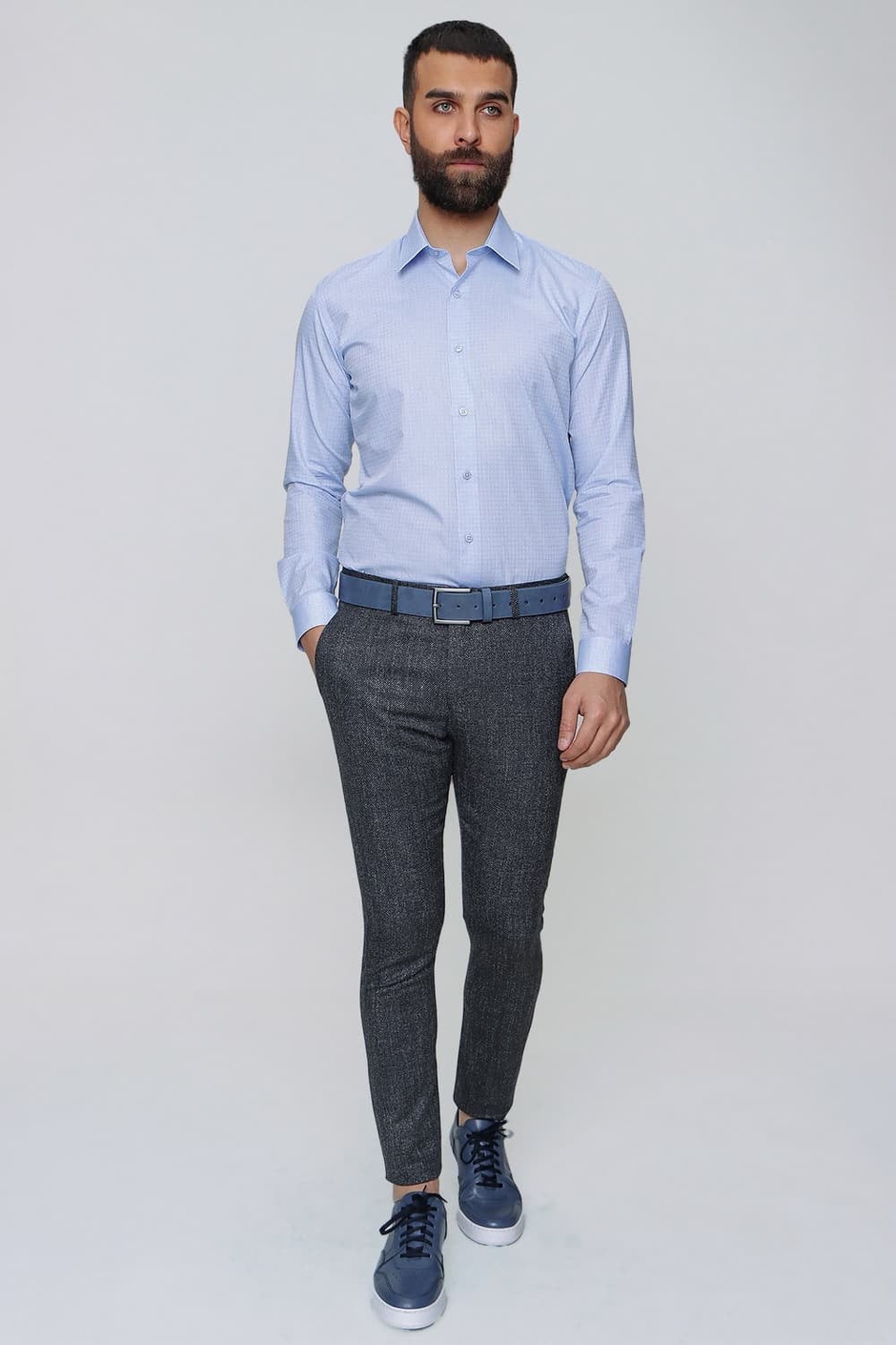 Slim Fit Yan Cep Esnek Yünlü Kırçıllı Lacivert Pantolon P 1090