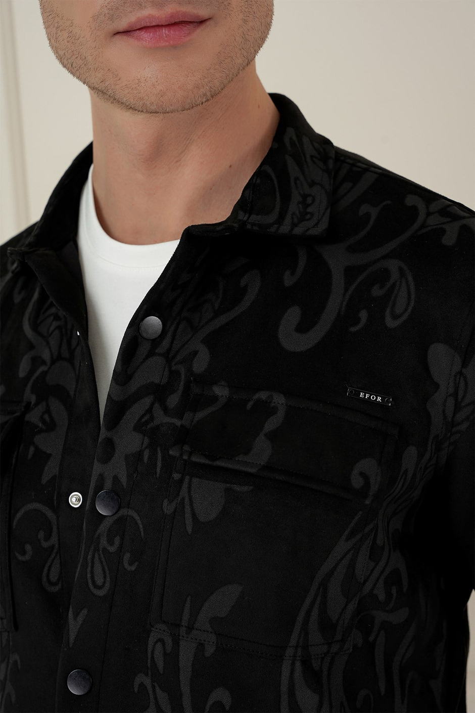 Slim Fit Yan Cep Etnik Desenli Çıtçıtlı Pamuklu Siyah Gömlek Ceket G 1578