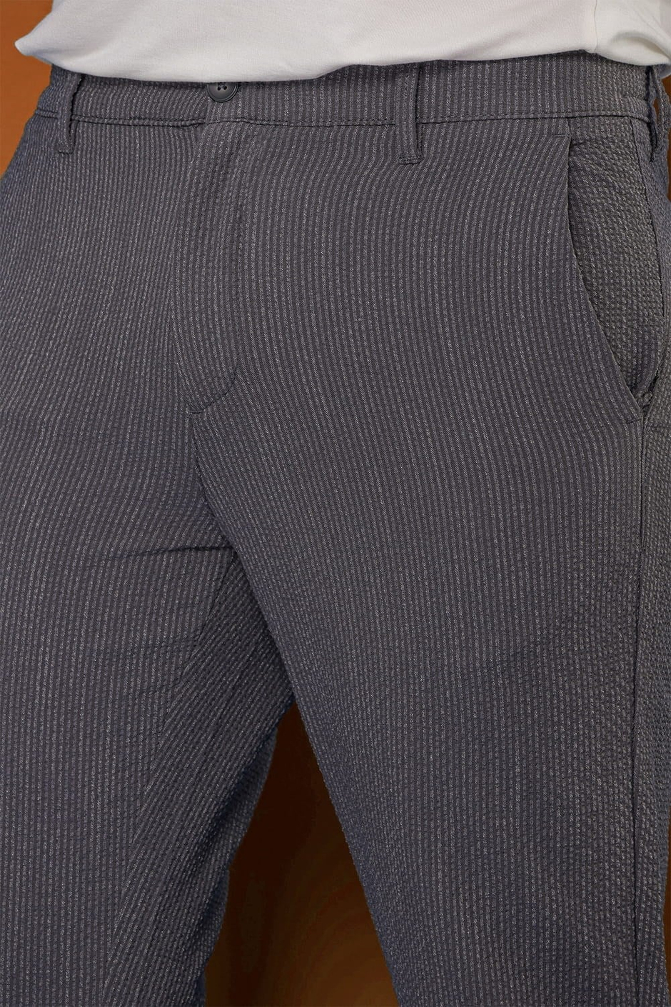 Slim Fit Yan Cepli %97 Pamuklu Gofre Kumaş Çizgili Füme Pantolon P 1113