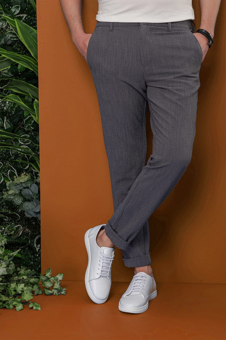 Slim Fit Yan Cepli %97 Pamuklu Gofre Kumaş Çizgili Füme Pantolon P 1113