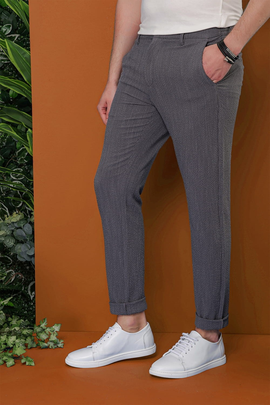 Slim Fit Yan Cepli %97 Pamuklu Gofre Kumaş Çizgili Füme Pantolon P 1113