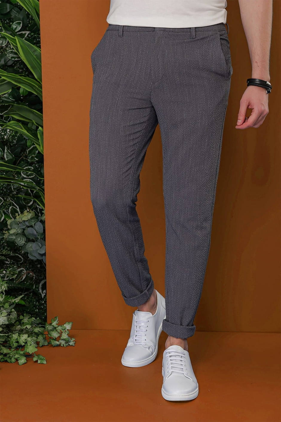 Slim Fit Yan Cepli %97 Pamuklu Gofre Kumaş Çizgili Füme Pantolon P 1113