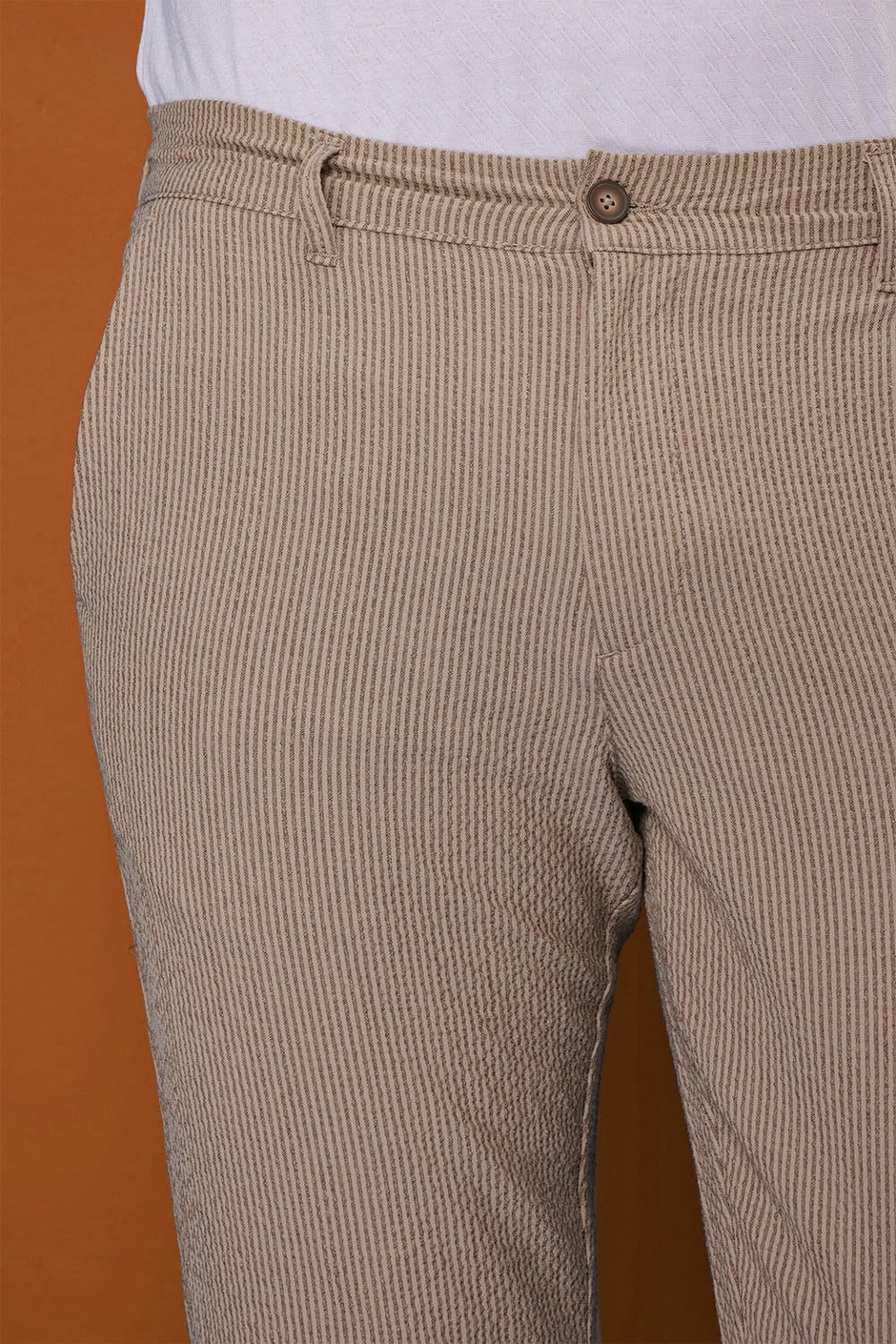 Slim Fit Yan Cepli %97 Pamuklu Gofre Kumaş Çizgili Bej Pantolon P 1113