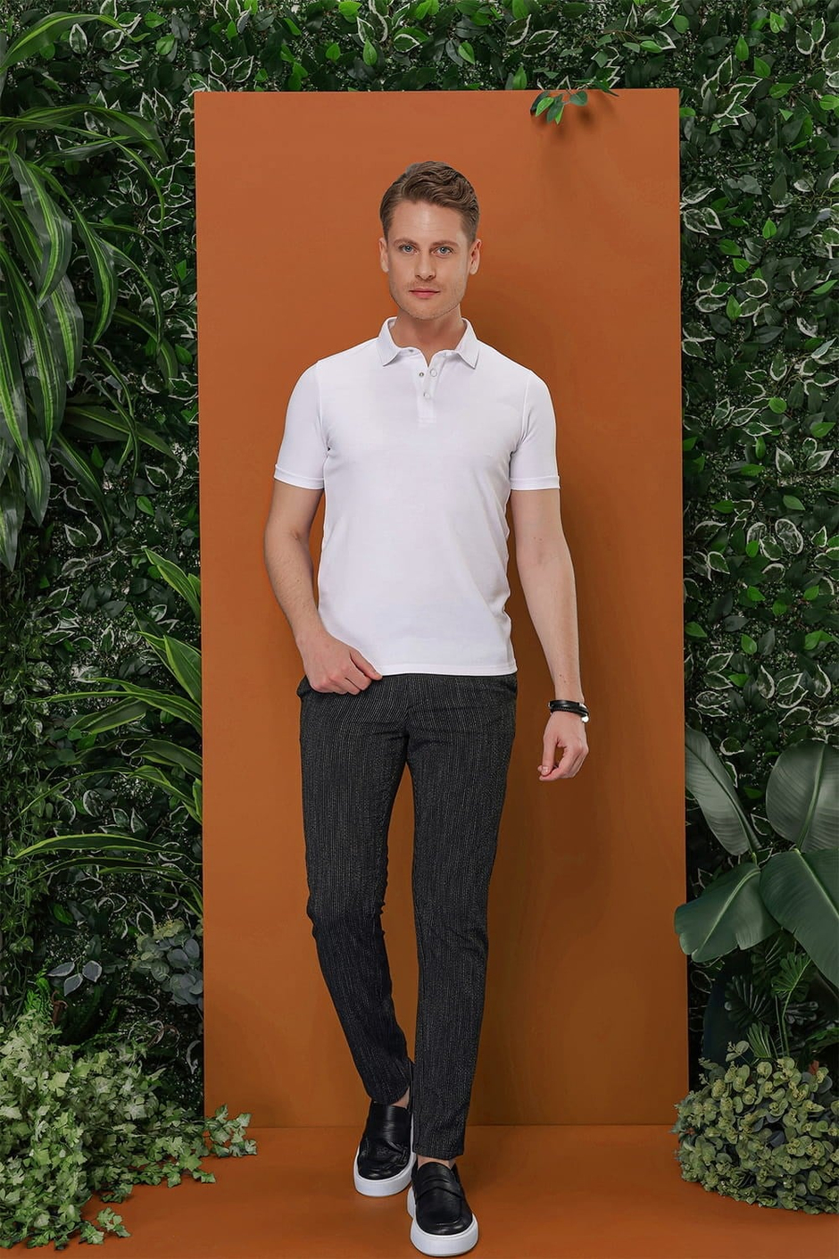Slim Fit Yan Cepli %97 Pamuklu Gofre Kumaş Çizgili Siyah Pantolon P 1113