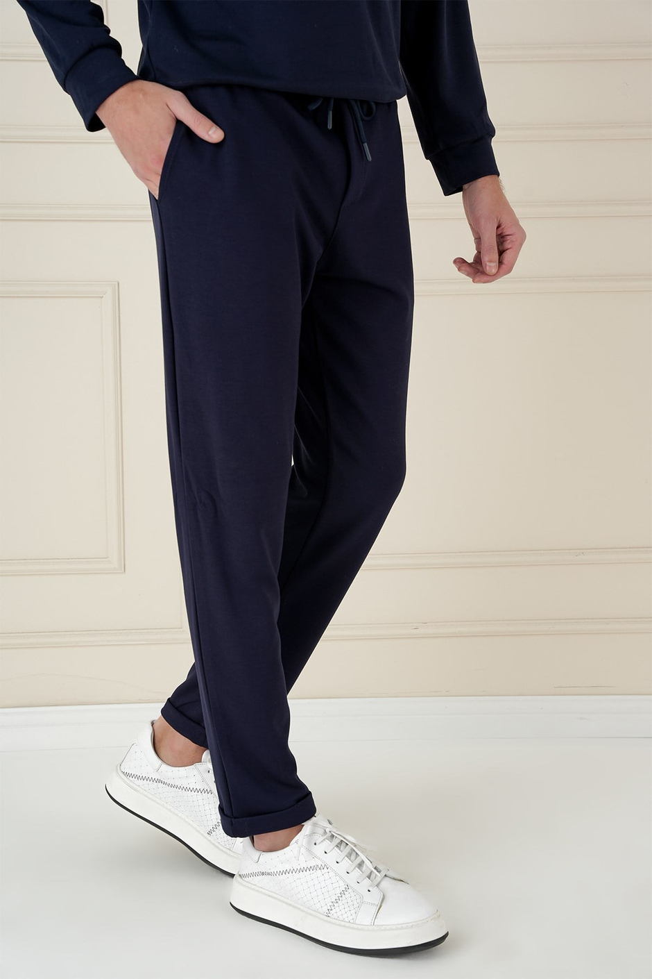 Slim Fit Yan Cepli Beli İpli %97 Pamuk Lacivert Jogger Pantolon ATP 033