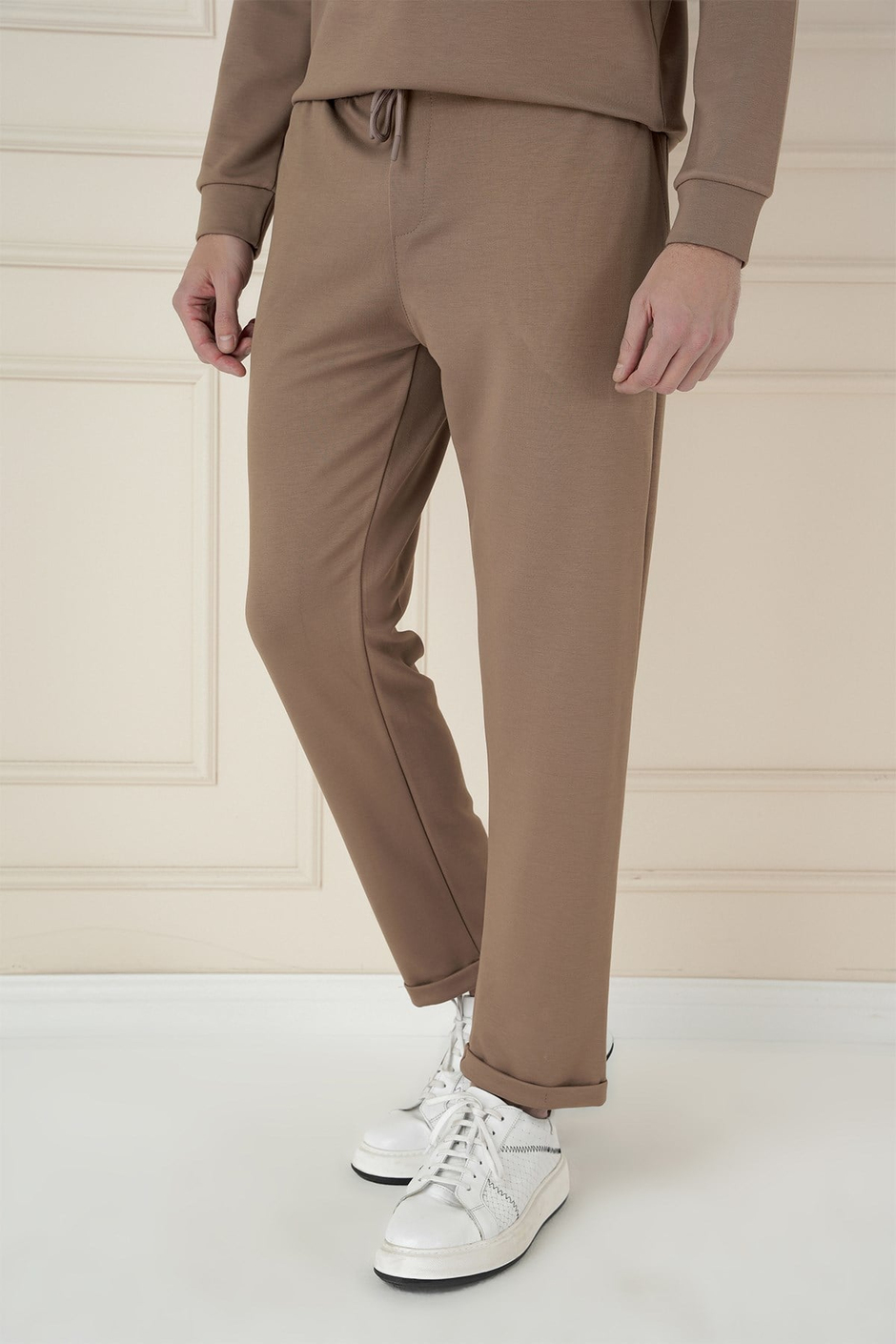 Slim Fit Yan Cepli Beli İpli %97 Pamuk Vizon Jogger Pantolon ATP 033