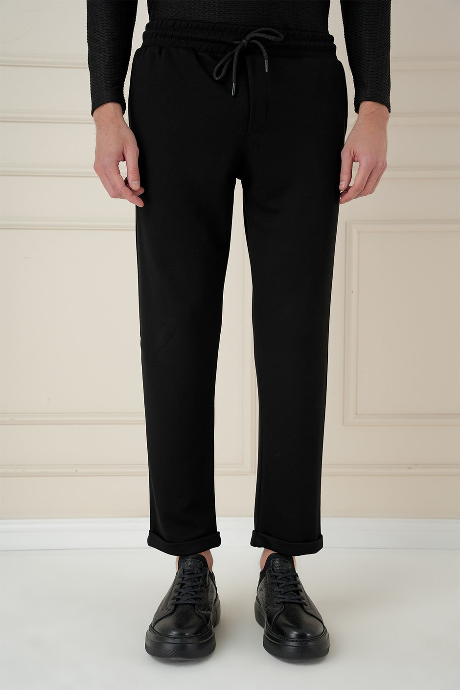Slim Fit Yan Cepli Beli İpli %97 Pamuk Siyah Jogger Pantolon ATP 033