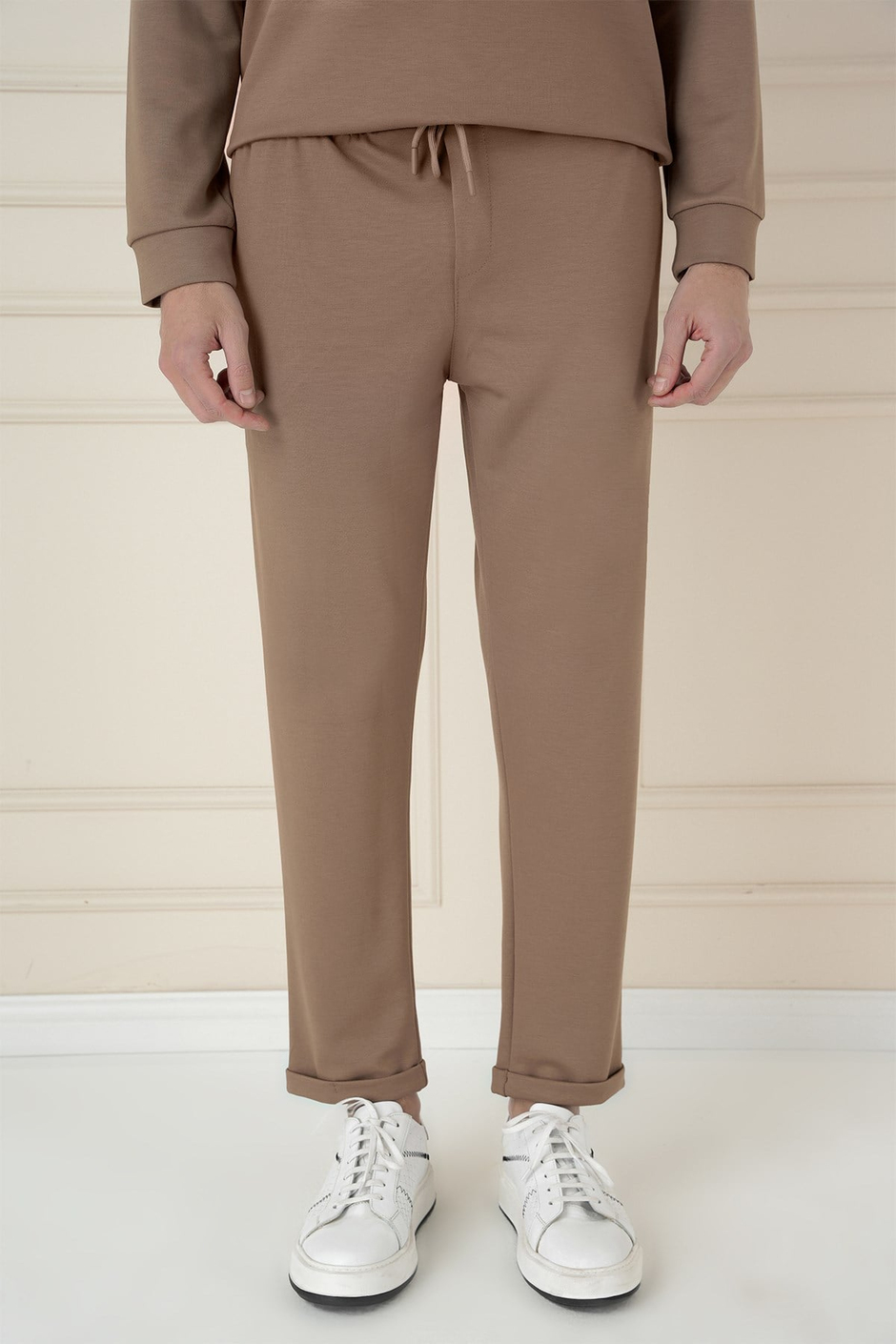 Slim Fit Yan Cepli Beli İpli %97 Pamuk Vizon Jogger Pantolon ATP 033
