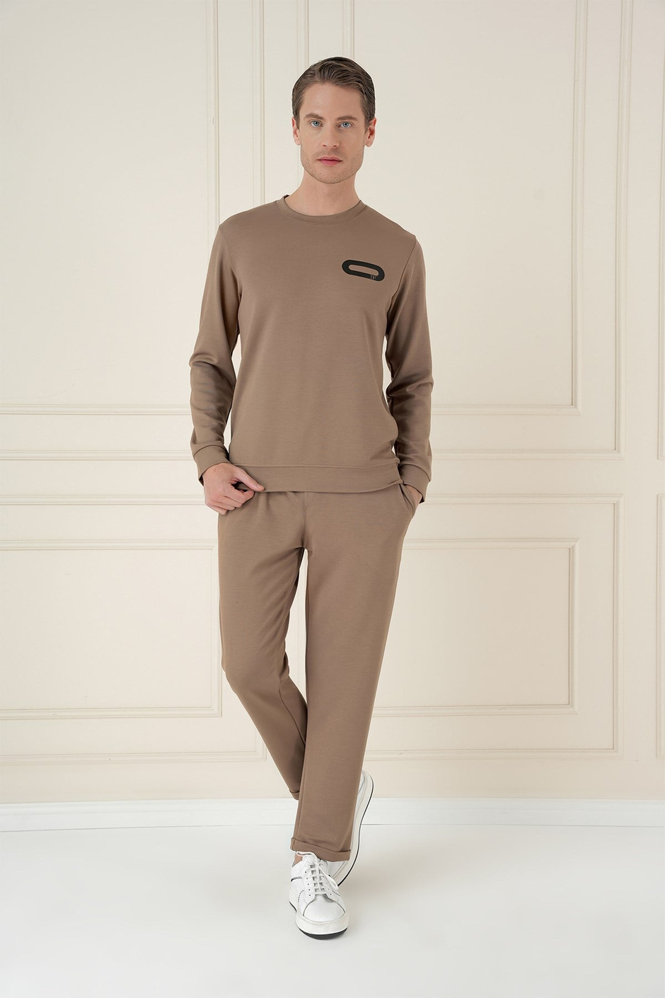 Slim Fit Yan Cepli Beli İpli %97 Pamuk Vizon Jogger Pantolon ATP 033
