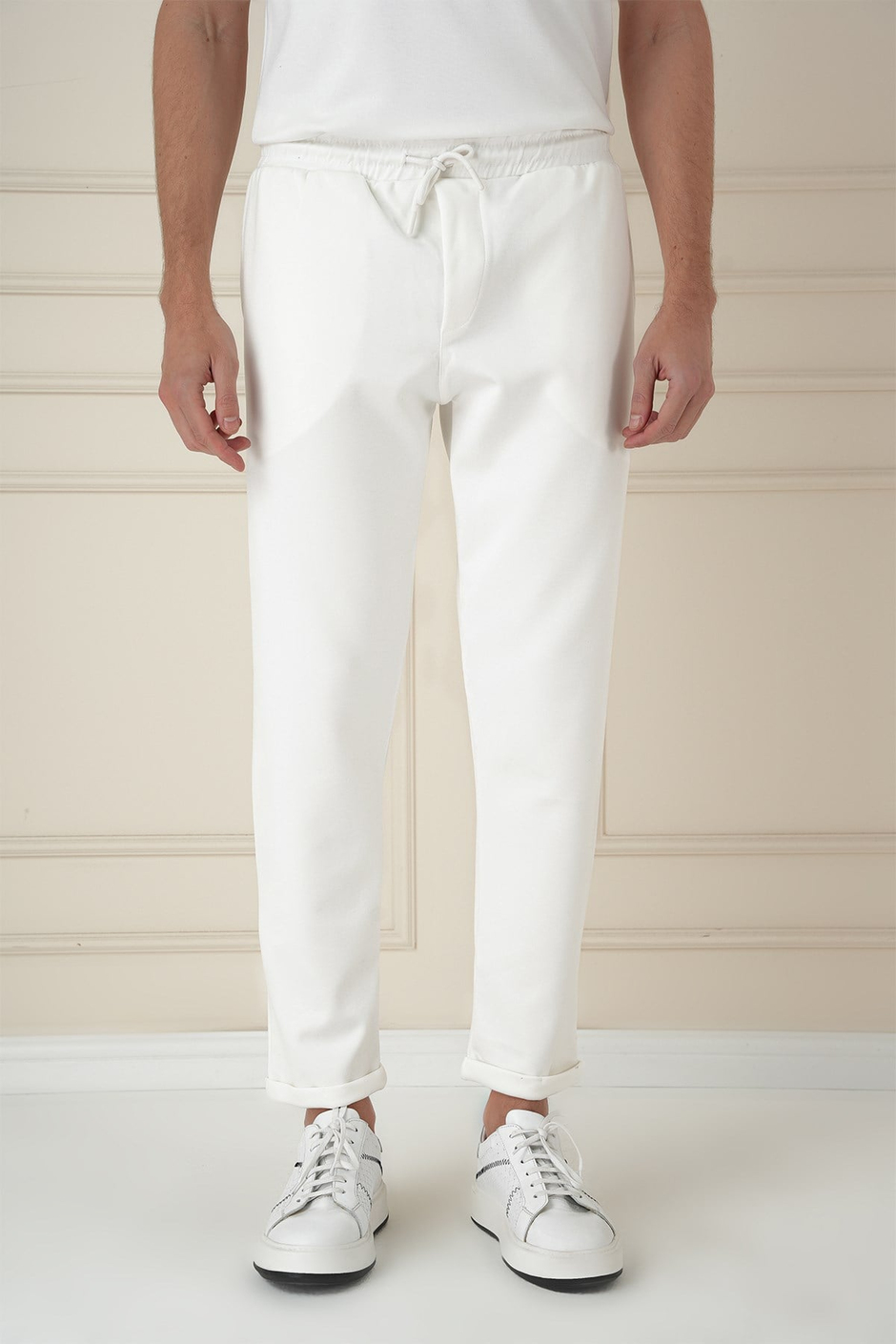 Slim Fit Yan Cepli Beli İpli %97 Pamuk Beyaz Jogger Pantolon ATP 033