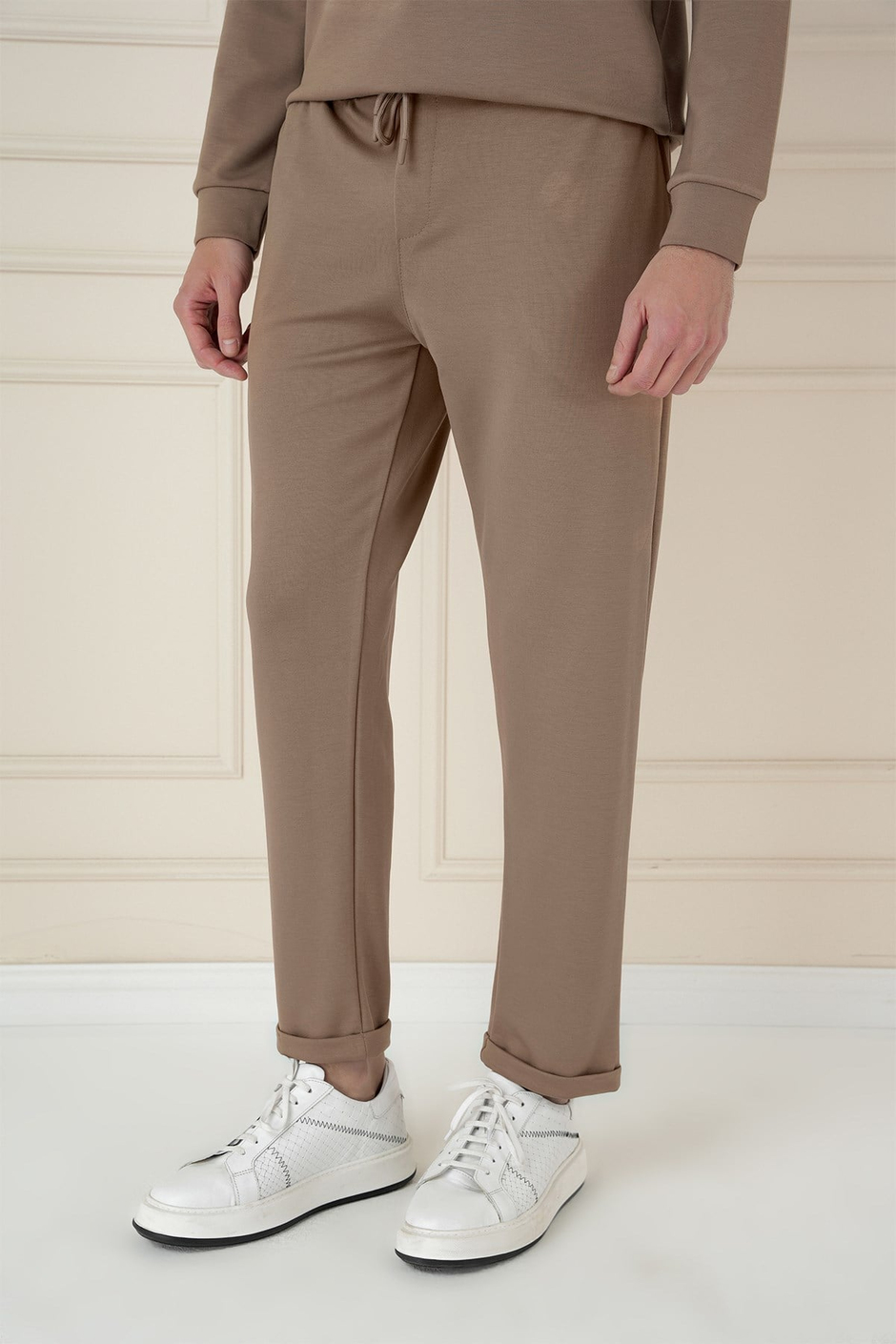 Slim Fit Yan Cepli Beli İpli %97 Pamuk Vizon Jogger Pantolon ATP 033