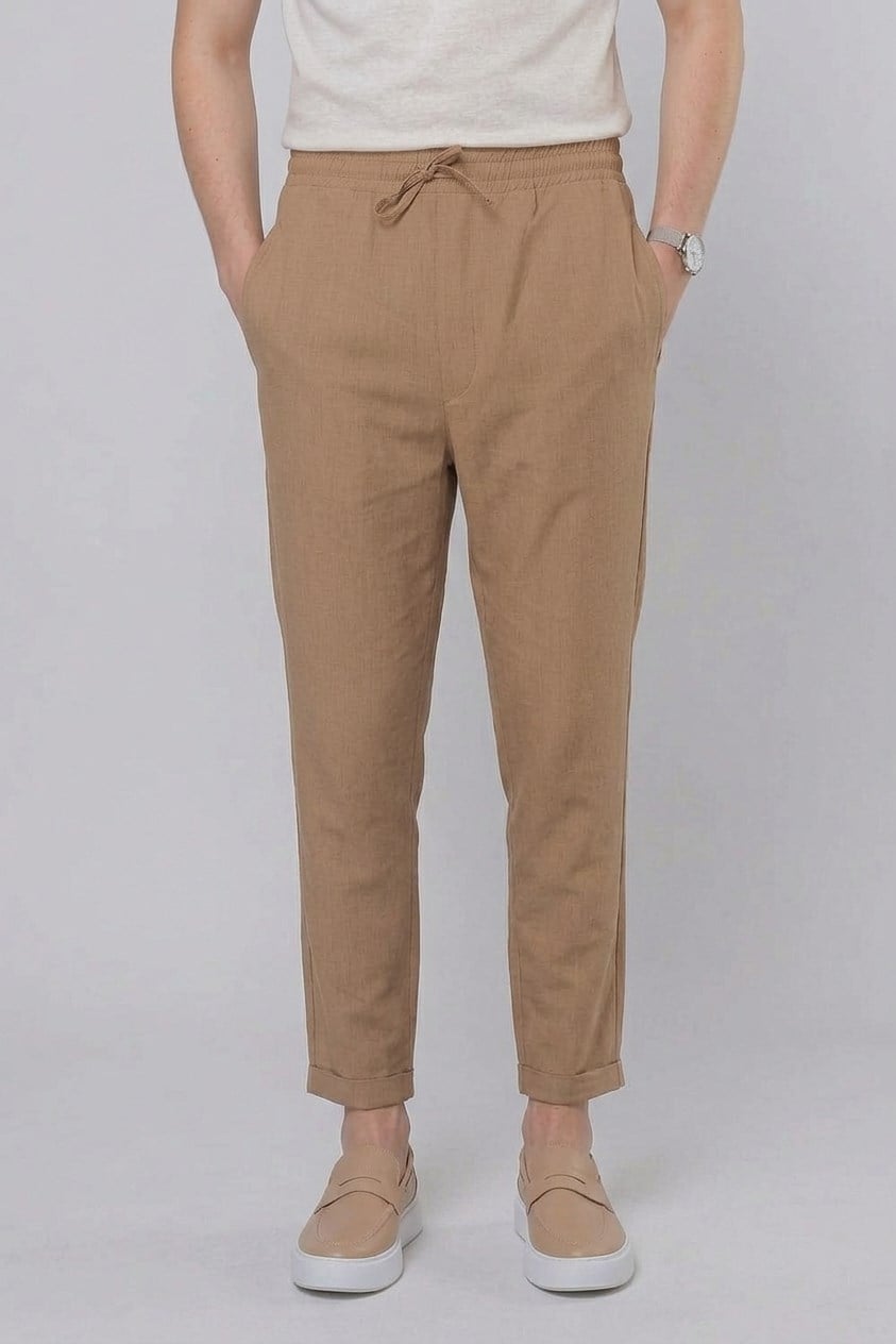 Slim Fit Yan Cepli Beli İpli Keten Camel Kahverengi Jogger Pantolon ATP 031