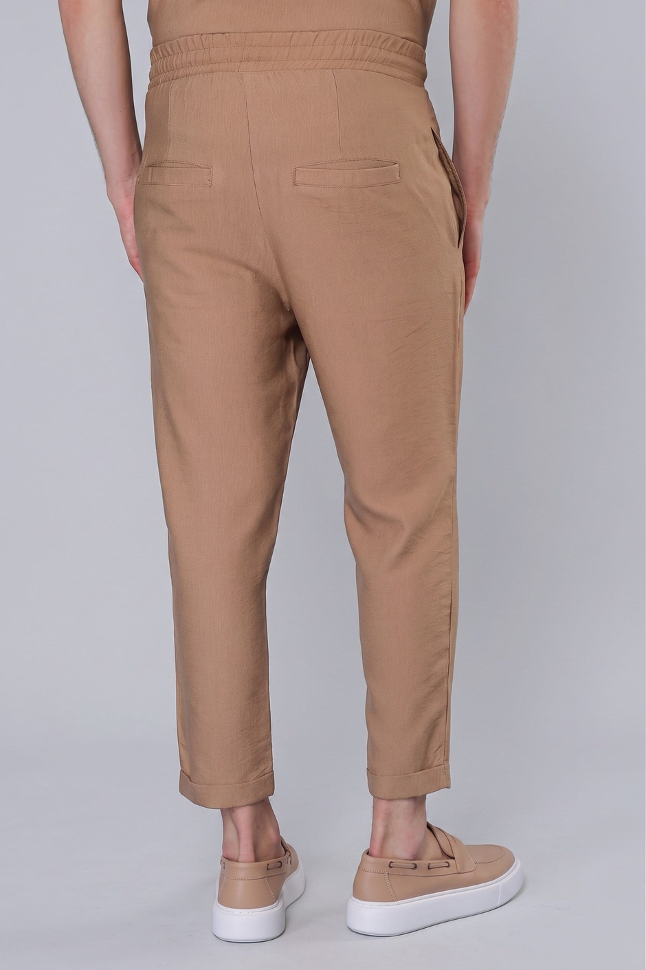 Slim Fit Yan Cepli Beli İpli Keten Camel Kahverengi Jogger Pantolon ATP 031