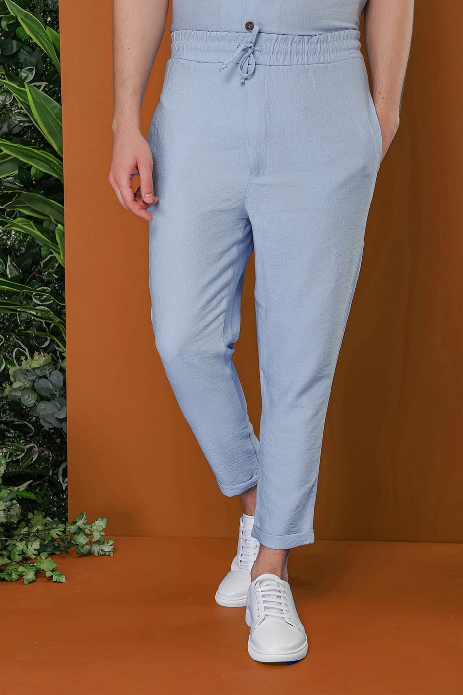 Slim Fit Yan Cepli Beli İpli Keten Mavi Jogger Pantolon ATP 031