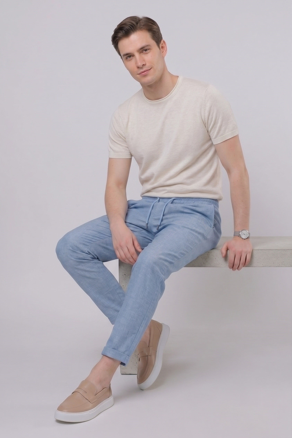 Slim Fit Yan Cepli Beli İpli Keten Mavi Jogger Pantolon ATP 031