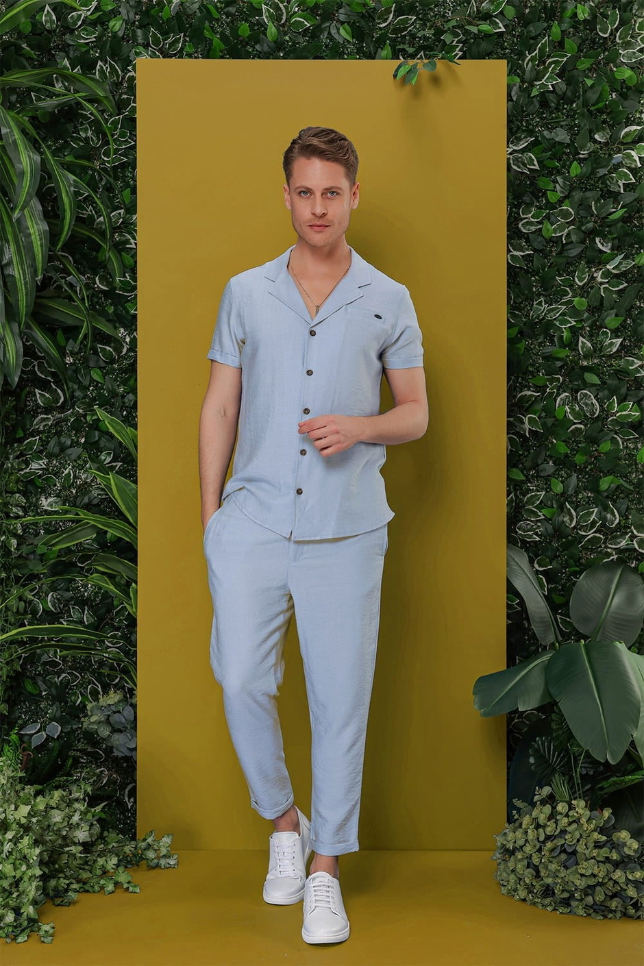 Slim Fit Yan Cepli Beli İpli Keten Mavi Jogger Pantolon ATP 031
