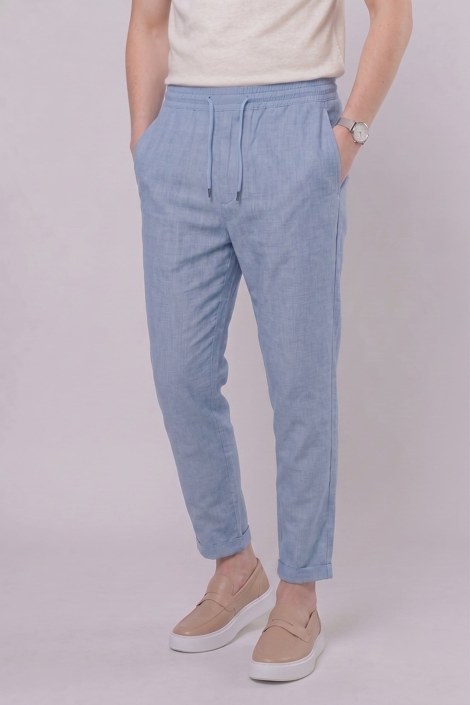 Slim Fit Yan Cepli Beli İpli Keten Mavi Jogger Pantolon ATP 031