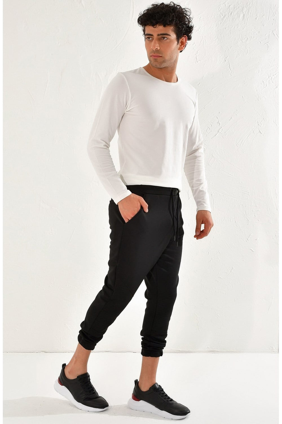 Slim Fit Yan Cepli Beli İpli Pamuklu Siyah Jogger Pantolon ATP 012