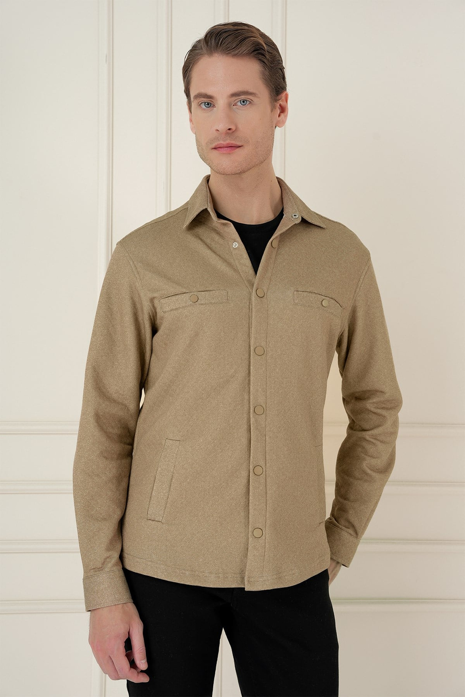 Slim Fit Yan Cepli Çıtçıtlı Kapitone Dokuma Camel Gömlek Ceket G 1581