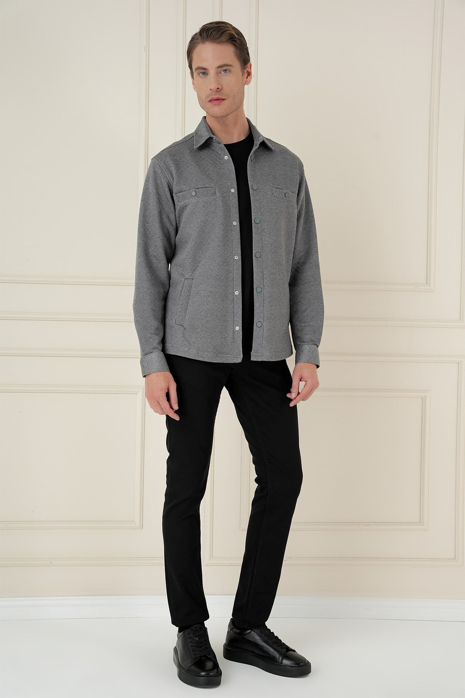 Slim Fit Yan Cepli Çıtçıtlı Kapitone Dokuma Gri Gömlek Ceket G 1581