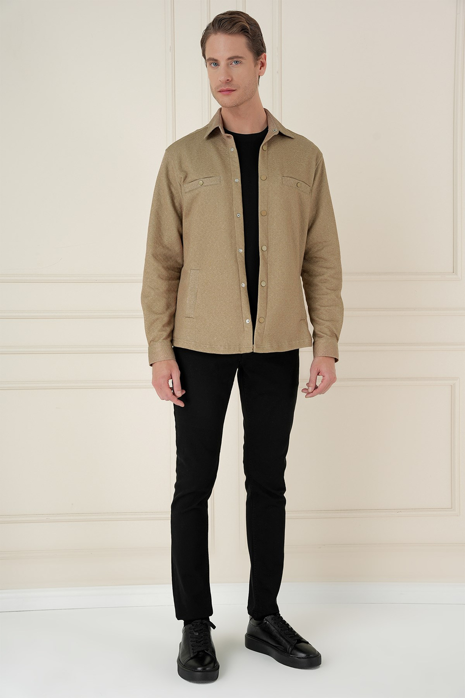 Slim Fit Yan Cepli Çıtçıtlı Kapitone Dokuma Camel Gömlek Ceket G 1581